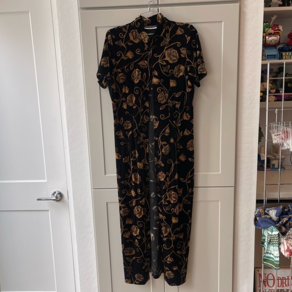 Vintage Amanda Smith Velvet Velour Button Down Trench Maxi Dress Floral Western